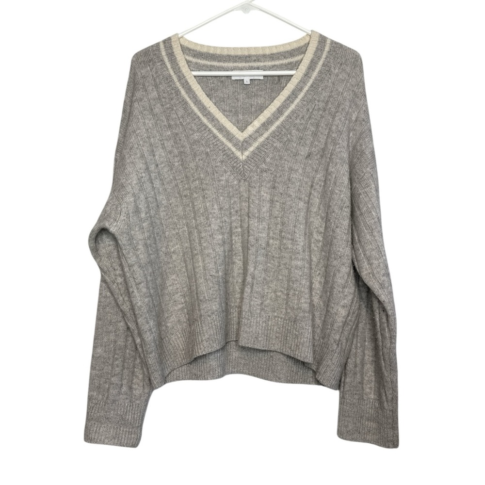 White + Warren Women's Cashmere Varsity Wide Rib V-Neck Ivory Stripe Sweater L